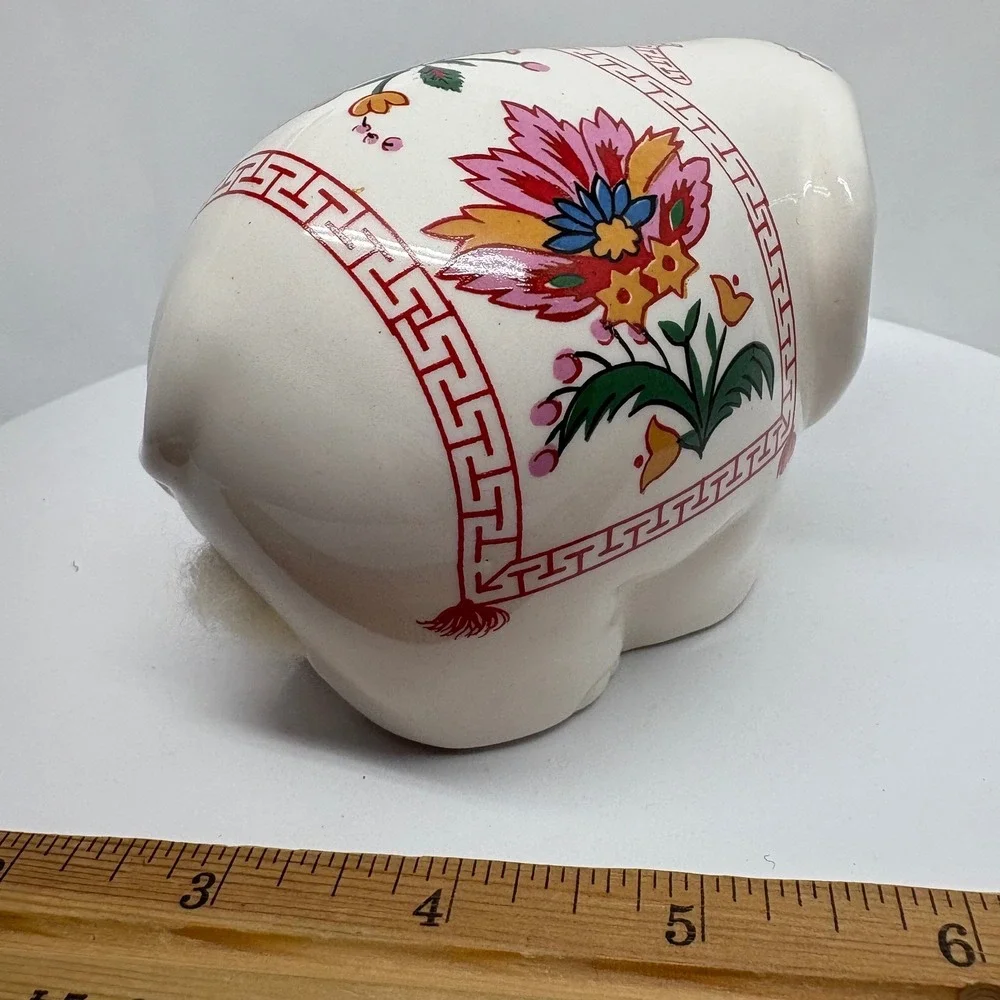Prestige Place Ceramic Elephant Figurine White Floral Greek Key Border 4 Inch